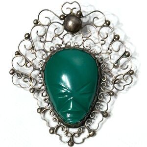 Vintage 1960s Mexico Sterling Silver Brooch Pin Green Onyx Aztec Mayan God (A3)